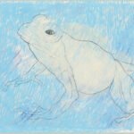 Grenouille bondissante fond bleu